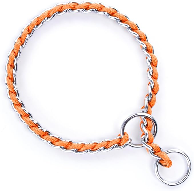 TSPRO Stainless Steel Heavy Duty Metal Dog Collar, Adjustable and Durable Pet Collar for Small Dogs, Ideal for Walking and Training (Orange, 3MM*13-15 inches)