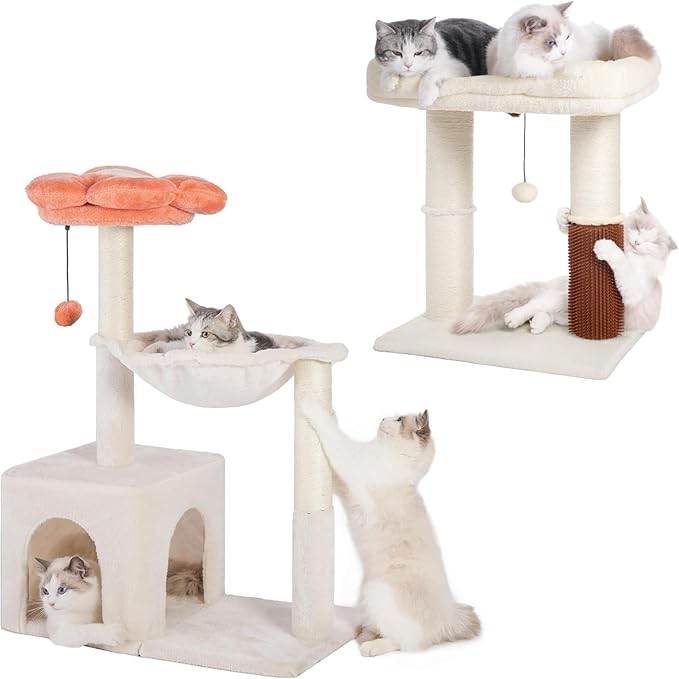 Flower Cat Tree with Large Hammock & Large Cat Scratching Post with Big Perch Double The Fun, Double The Comfort