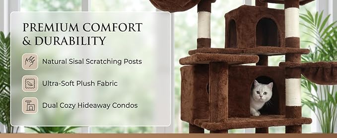 68in Tall Multi-Level Green Cat Tree with Hammocks, Hanging Basket, Cat Cave, Removeable Cushion, Scratching Posts - Plush Cat Tower for Indoor Cats, Perfect for Multiple Cats Brown