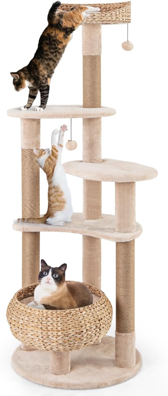 PETSITE 65-inch Cattail Cat Tree Tower, Multi-Level Cat Tower with Natural Jute Scratching Posts, Cat Bed, Top Perch, Dangling Balls and Jumping Platforms, Modern Tall Cat Tree for Indoor Cats