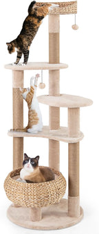 PETSITE 65-inch Cattail Cat Tree Tower, Multi-Level Cat Tower with Natural Jute Scratching Posts, Cat Bed, Top Perch, Dangling Balls and Jumping Platforms, Modern Tall Cat Tree for Indoor Cats