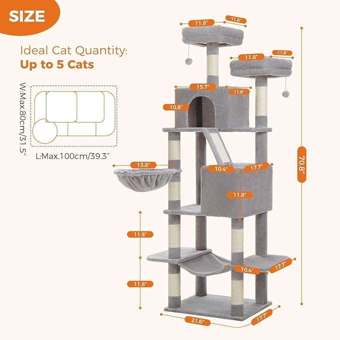 70 inch Sturdy Cat Tree for Indoor Cats Extra Large Cat Tower with Scratching Post, Hammock, Cat Condo for Adult Cats Kittens