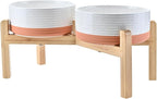 SPUNKYJUNKY Elevated Dog Bowls Ceramic, 7.3'' Dogs Food Water Bowls Raised with Non-Slip Bamboo Stand for Medium to Large Sized Breed Microwave Dishwasher Safe - 42 OZ,Pattern White