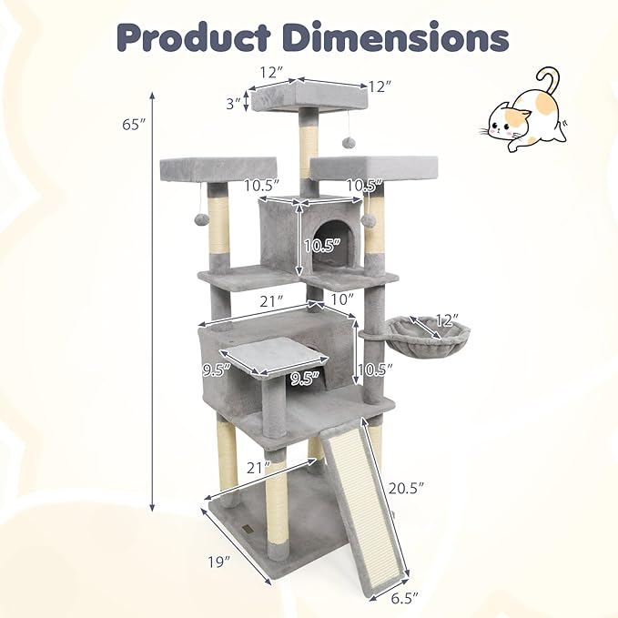 Tangkula 65 Inch Tall Cat Tree, Multi-Level Cat Tower with Sisal Scratching Posts & Board, 2 Condos, 3 Plush Top Perches, Adjustable Basket, 3 Hanging Balls for Indoor Cats (Gray)