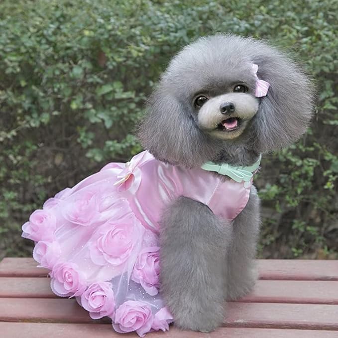Dog Dress Luxury Puppy Skirt Clothes Princess Dresses Wedding Evening Tutu Skirt Rose Flower Bowknot Dresses for Small Dog Girl L Pink