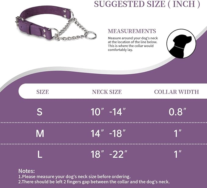 Martingale Collar for Dogs No-Pull Adjustable Training Collar with Stainless Steel Chain - Genuine Leather Anti-Slip Design for Small,Medium,Large Breed Dogs - Purple (L)