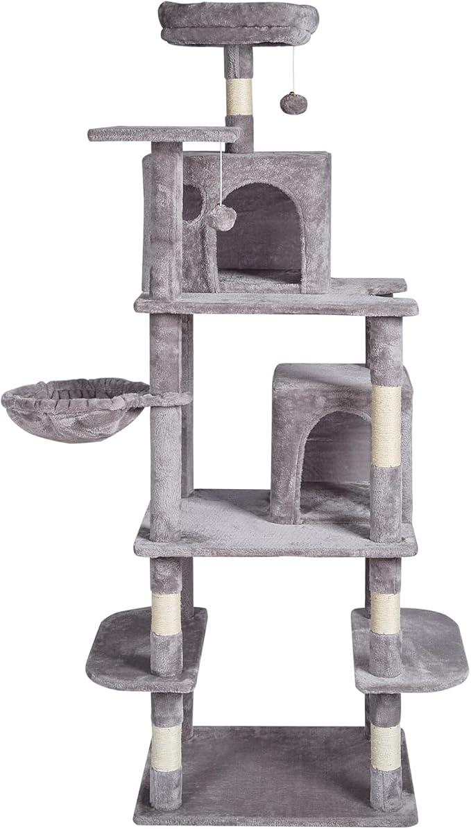 Happybuy Cat Tree for Indoor Cats, 68.5" Cat Tower with 2 Cat Condos, Sisal Scratching Post, Hammock, Top Perch, Jumping Platforms, Large Cat Furniture Activity Center with Hang Ball, Light Grey