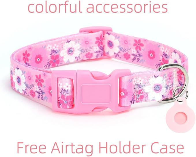 Dog Collar with Leash Airtag Holder Case Set - Dog Collars for Male Female Boy Girl Puppy X-Small Small Medium Large Dogs Walking Running Training - Pink Daisy/M
