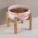 Elevated/Raised Dog Bowl Ceramic with Wood Stand for Small Medium Breed,Dog Food Water Dish Heavy, 6 in Non Slip Modern Cute Porcelain Pet Bowl Marble Pink
