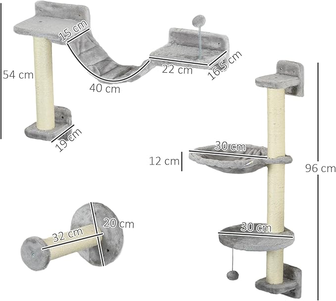 PawHut 4Pcs Wall Mounted Cat Shelves, Cat Climber with Hammock, Perches, Ladder, Scratching Post, Cat Wall Furniture for Large Cats, Grey