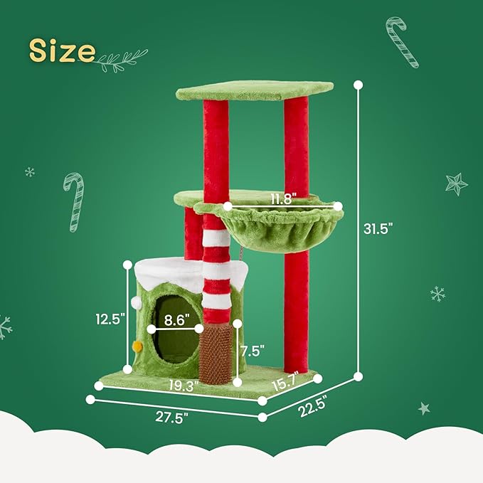 32in Cat Scratching Posts Tower with Cat Condo and Hammock, Christmas Themed Plush Cat Tree with Cat Massage Brush, Activity Center for Indoor Cats