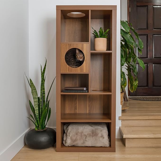 4 Cats & Dogs Cliff Jr. Cat Tree Bookshelf – Stylish Multi-Level Cat Climbing & Hiding Shelf, Space-Saving Bookshelf with 7 Levels, Wall-Mounted Secure Cat Furniture, Oak (58.5" x 23.75" x 15.5")