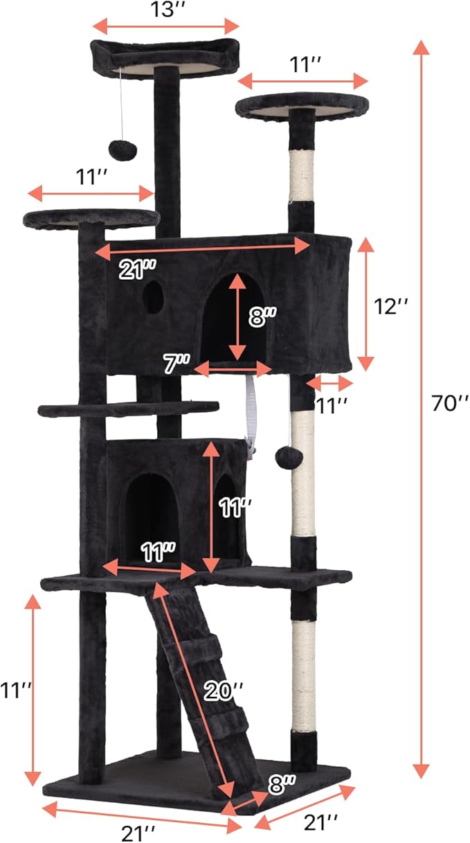 Cat Tree with Scratching Post,Cat Tower House for Indoor Large Adult Cats Kittens,21x21x70in Multi-Level Activity Cat Cando Furniture,Dark Grey