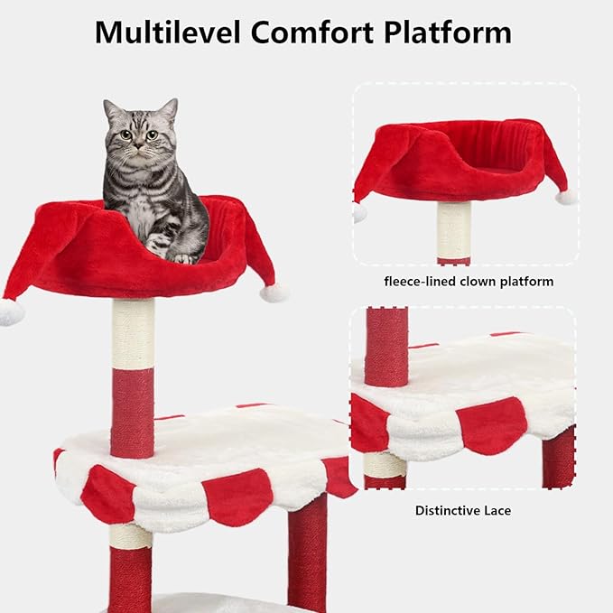 Cat Tree with Cozy Perch & Scratching Posts - Red & White Design Multi-Level Cat Furniture for Kittens/Cats to Climb, Rest & Play