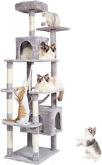 VEVOR Cat Tree for Indoor Cats, 72" Cat Tower with 2 Cat Condos, Sisal Scratching Post, Hammock, Top Perch, Jumping Platforms, Large Cat Furniture Activity Center with Hang Ball, Light Grey