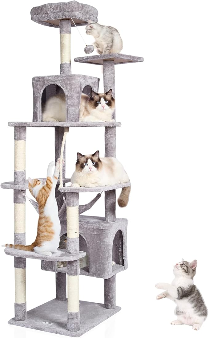 VEVOR Cat Tree for Indoor Cats, 72" Cat Tower with 2 Cat Condos, Sisal Scratching Post, Hammock, Top Perch, Jumping Platforms, Large Cat Furniture Activity Center with Hang Ball, Light Grey