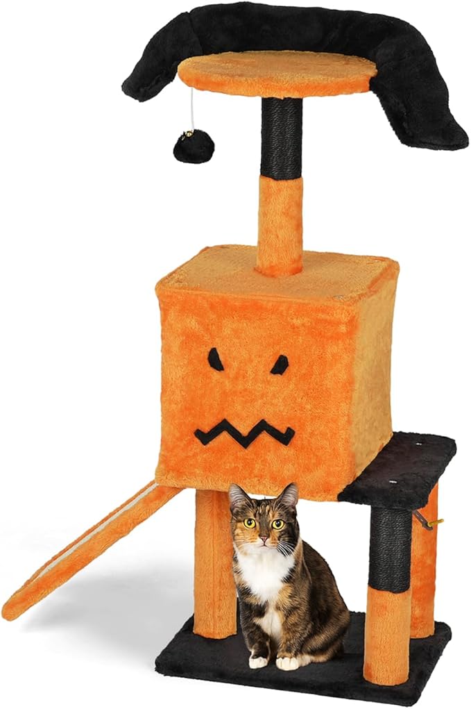 Outvita Halloween Cat Tree, 40" Cat Tower Cat Tree for Indoor Cats with Spacious Cat Condo, Sisal Scratching Posts, Hanging Toys, Orange & Black