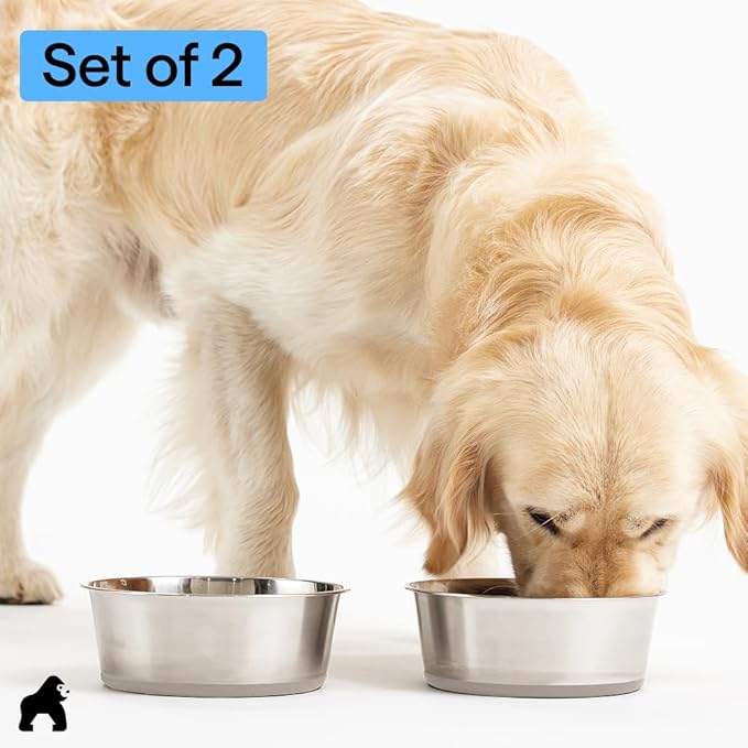 GORILLA GRIP Dog Bowls, Food Grade 304 Stainless Steel, Holds 8 Cups Each (64 fl oz) Food and Water Bowl for Feeding Dogs and Cats, Dishwasher Safe, Rust Resistant, BPA Free Rubber Base Set of 2 Beige