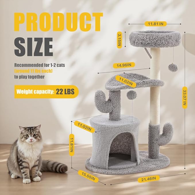 33-Inch Small Cat Tree Tower with Curved Bed, Plush Perch & Scratching Post, Cactus Style Cat Climbing Tree with Hanging Toys, Compact Cat Tree for Indoor Cats, Grey