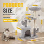 33-Inch Small Cat Tree Tower with Curved Bed, Plush Perch & Scratching Post, Cactus Style Cat Climbing Tree with Hanging Toys, Compact Cat Tree for Indoor Cats, Grey