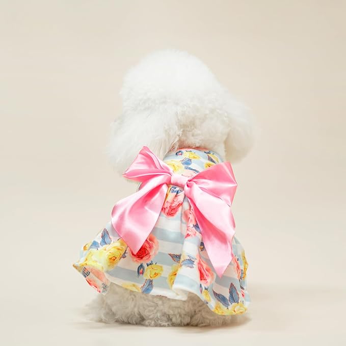 PUPTECK Floral Dog Dress for Spring Outfit Puppy Cute Small Dogs Clothes,Stripe,M
