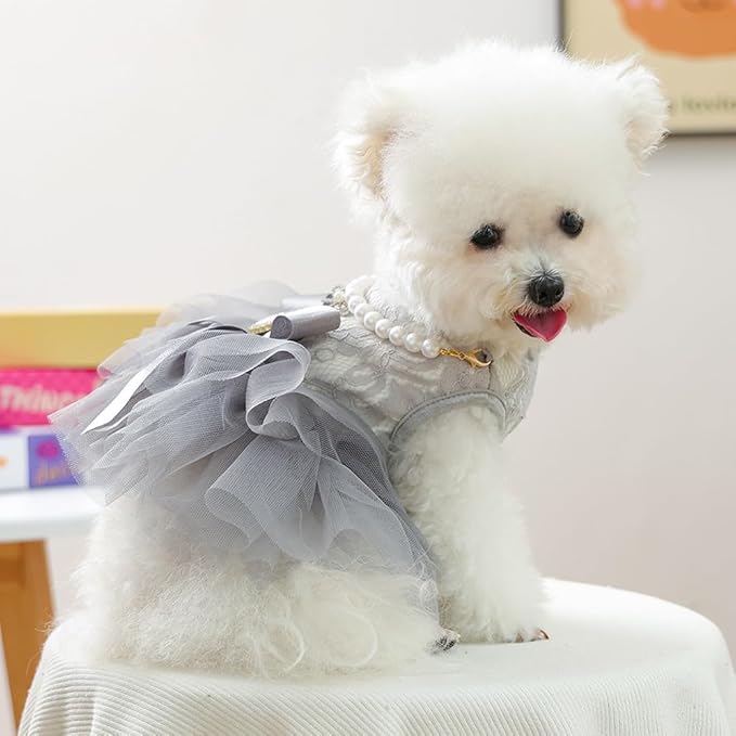 ANIAC Gray Dog Dress for Small Dogs Female,Bow Knot Girl Puppy Clothes with Detachable Pearl Necklace, Elegant Cat Dress, Formal Pet Pary Outfit for Wedding Birthday Valentines (Gray, Small)