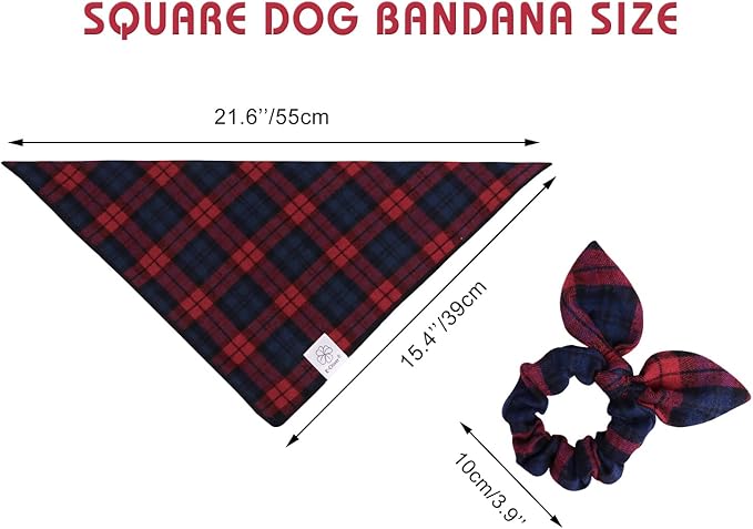 E-Clover Red Blue Dog Bandanas & Matching Scrunchie Set Plaid Dog Scarf Bibs Pet Handkerchief for Small Dogs Puppy Owner Gifts