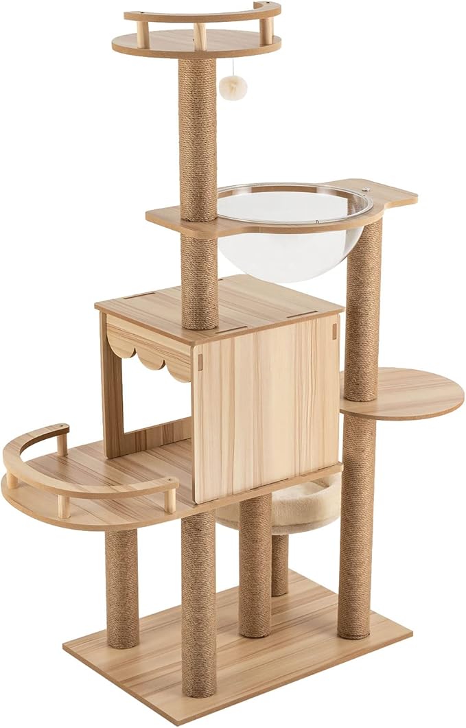 Wooden Cat Tree Tower, 52 Inch Tall Cat Tower for Indoor Cats, Multi-Level Cat Condo with Scratching Posts, 3 Space and Jumping Platforms