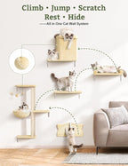 5-in-1 Cat Wall Shelves, Solid Wood & Velvet & Sisal Scratcher, 44lbs Max Load, Wall Mounted Cat Furniture for Climbers, Cat Climbing Wall System, Fits Drywall & Solid Walls - Beige