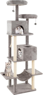 PETSITE 81 Inches Tall Modern Cat Tree, Multi-Level Cat Tower with Sisal Scratching Posts, 2 Private Condos, 2 Hanging Jingling Ball, Hanging Sisal Rope, 2 Top Perches, and Multiple Jumping Platforms