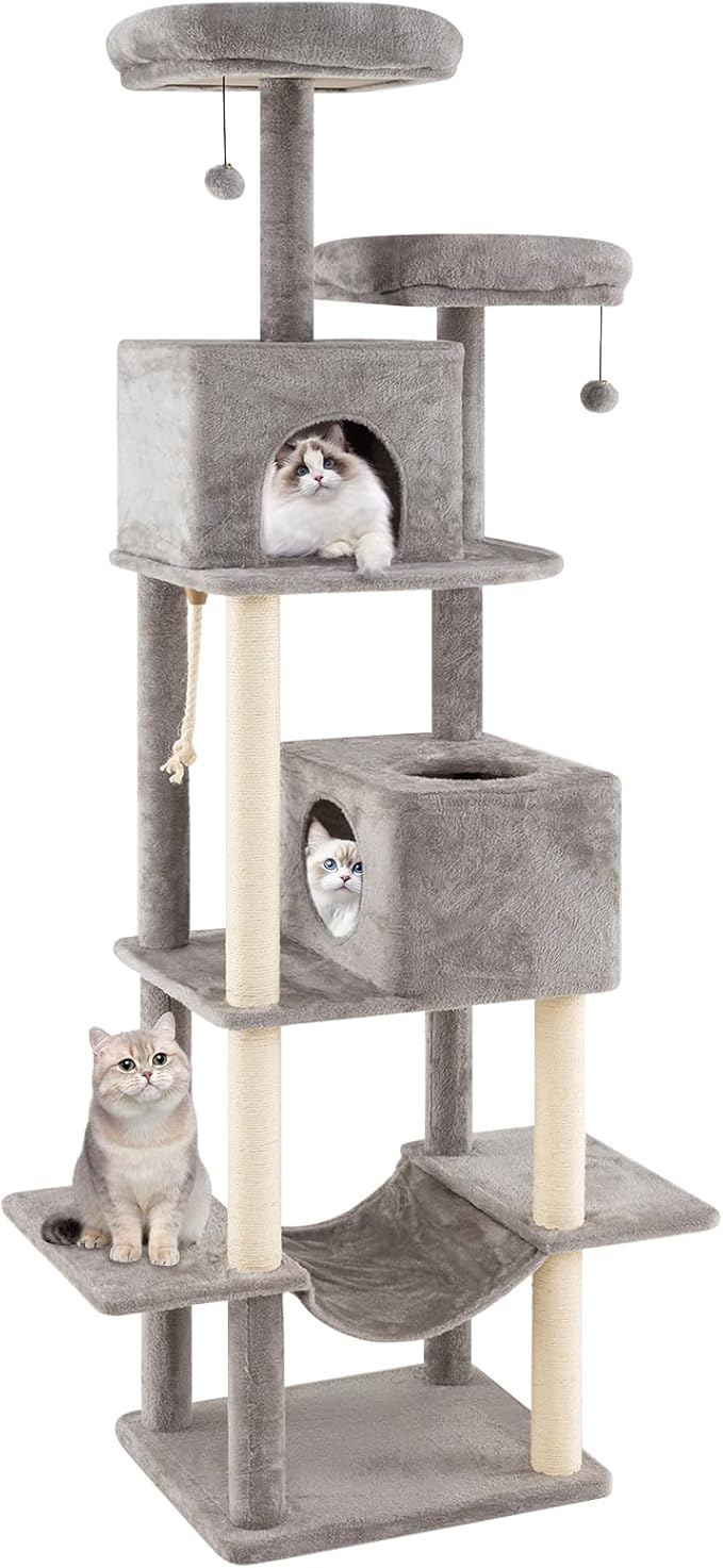 PETSITE 81 Inches Tall Modern Cat Tree, Multi-Level Cat Tower with Sisal Scratching Posts, 2 Private Condos, 2 Hanging Jingling Ball, Hanging Sisal Rope, 2 Top Perches, and Multiple Jumping Platforms