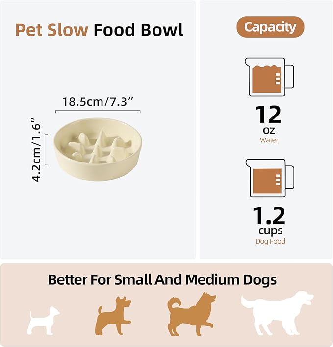 Ceramic 1.2 Cup Dog Bowl Slow Feeder, 7.3 inch Slow Pet Food Dish for Medium and Small Dog, Stop Bloat, Preventing Choking(Single Bowl, Light Yellow)