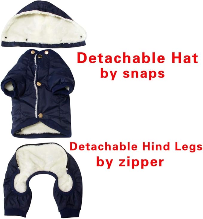 Fleece Lined Dog Coat with Detachable Hood and Detachable Hind Legs,Warm Puppy Jacket in Winter(Blue XS)