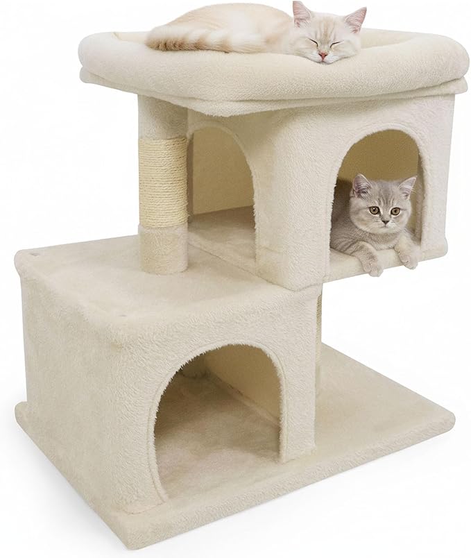 Tangkula Small Cat Tree for Indoor Cats, 25.5 Inch Cat Tower with Sisal Scratching Posts, 2 Large Cat Condos with Padded Top Perch, Modern Cat Climbing Furniture for Adult Cats & Kittens (Beige)