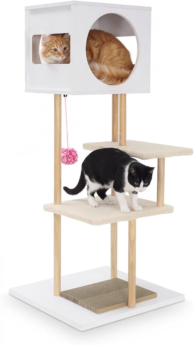 Tangkula Modern Cat Tree, 40 Inches Minimalist Wood Cat Tower with Rubber Wood Posts, 2 Cardboard Scratching Pads, 2-Door Condo, Dangling Ball, Jumping Platforms for Indoor Cats