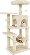Tangkula Cat Tree Tower, 44 Inch Multi-Level Cat Tower with Sisal Scratching Posts, 2-Door Condo, Padded Top Perch & Hammock, 2 Hanging Balls, Jumping Platforms for Indoor Cats (Beige)