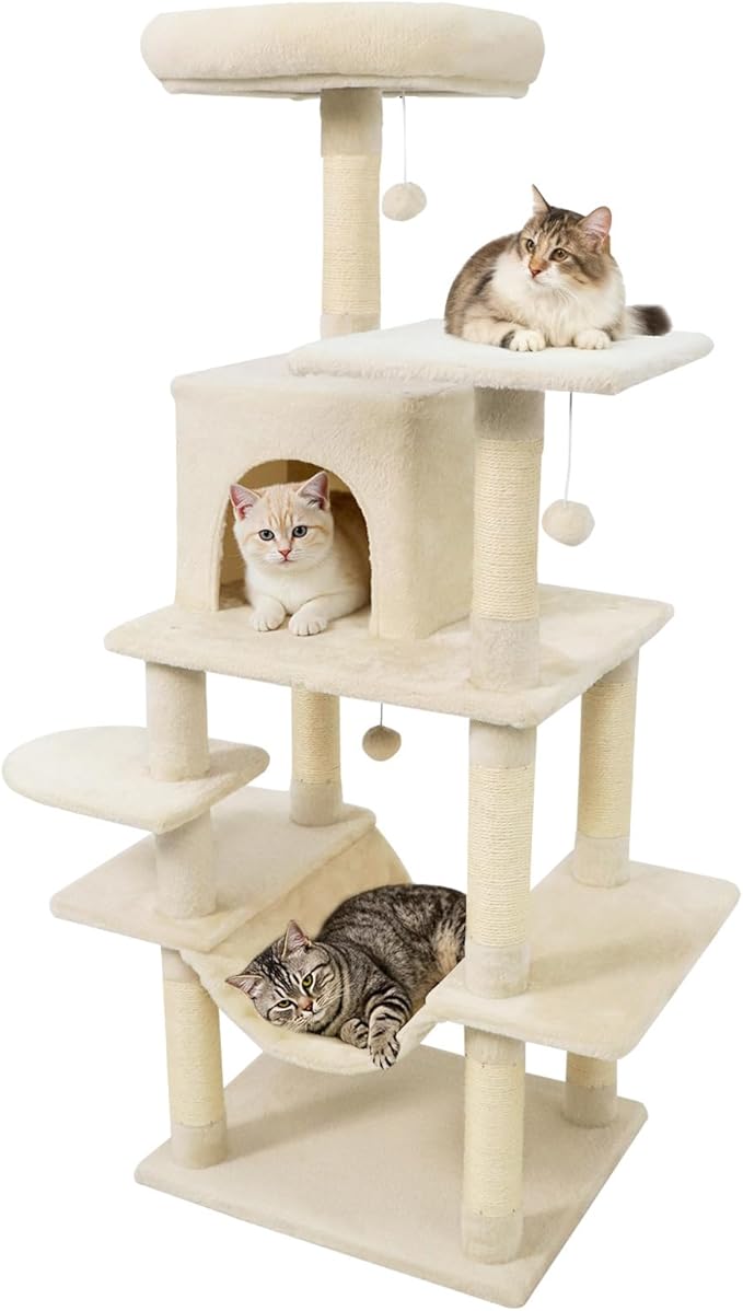 Tangkula 58 Inch Cat Tree Tower, Multi-Level Cat Tower with Sisal Scratching Posts, Padded Top Perch, Condo & Hammock, 3 Hanging Balls, Jumping Platforms for Indoor Cats (Beige)