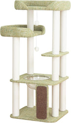 Mordern Cat Tree Tower, Freestanding, Cushioned Bed, Large Base, for Multiple Cats, Compact,Winter and Summer Use, Summer Mat Included, for Large Cats (Olive Green, Height 135cm)