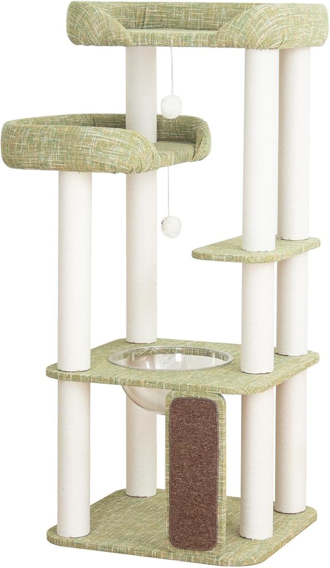 Mordern Cat Tree Tower, Freestanding, Cushioned Bed, Large Base, for Multiple Cats, Compact,Winter and Summer Use, Summer Mat Included, for Large Cats (Olive Green, Height 135cm)