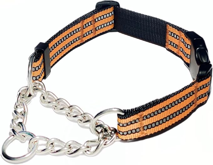 Martingale Collars for Dogs, Heavy Duty Stainless Steel Chain Training Collar, Reflective Nylon Adjustable Collar with Quick Release Buckle, Suitable for Puppy Medium Large Dogs (Orange, L)