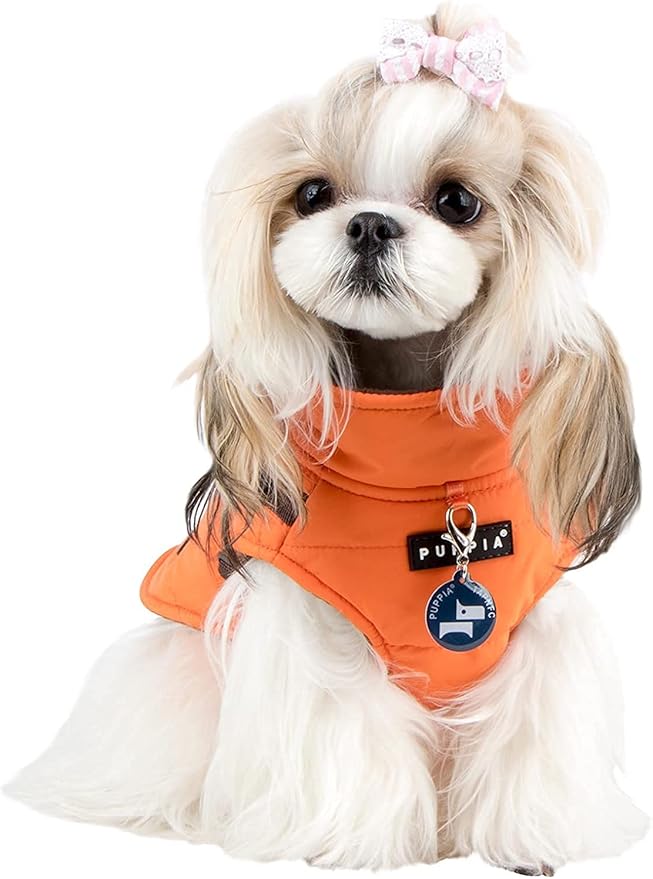 Puppia Mountaineer Winter Dog Coat with integrated harness No Pull Cold Weather Waterproof Warm Fleece Back Zipper for Small & Medium Dog, ORANGE, Large