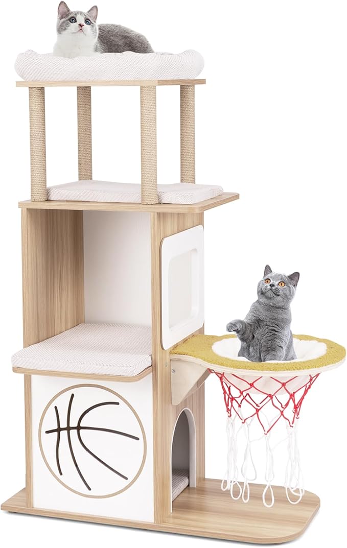 PETSITE 47 inch Basketball Series Cat Tree, Multi-Level Cat Tower with Jute Scratching Posts, 2-Story Cat Condo, 2 Perches, Basketball Hoop Hammock, Padded Cushions, Modern Cat Tree Tower