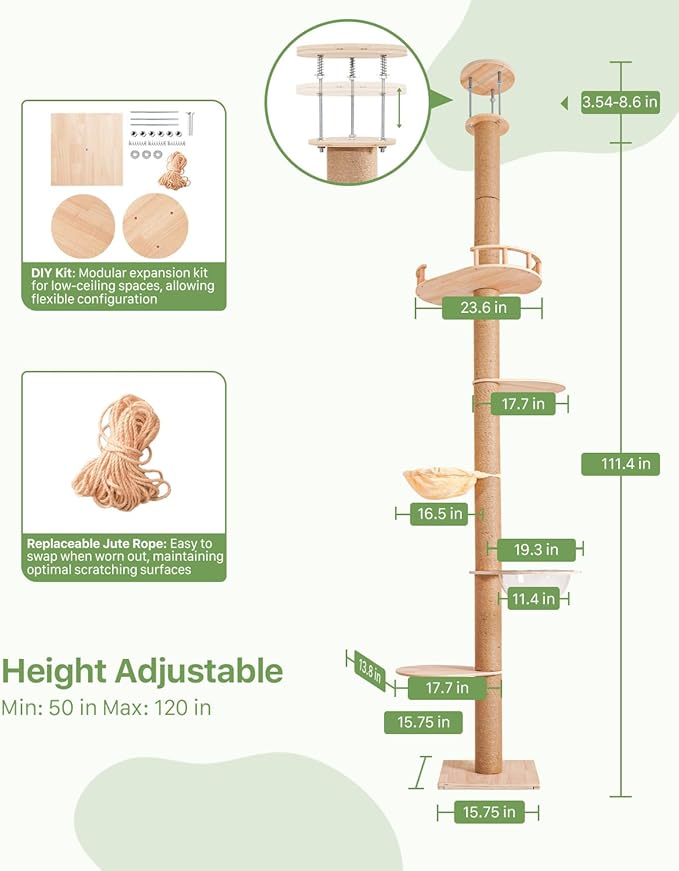 Floor-to-Ceiling Cat Tree Height Adjustable (50-120in) | 5-Level Heavy Duty Cat Activity Center with Scratching Posts, Jump Platforms, Hammock | Space-Saving Tall Cat Tower for Indoor Cats