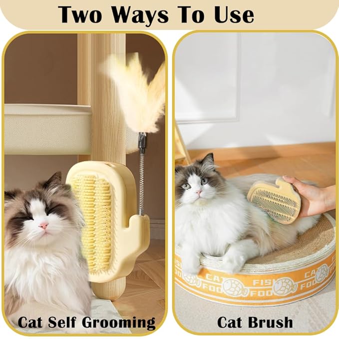 3-in-1 Cat Self Groomer Brush – Wall Corner Cat Scratch Pad with Catnip Ball & Feather Toy, Cactus-Style Wall Brush for Indoor Cats, Cats Massager & Face Scratchers for Fur Pets