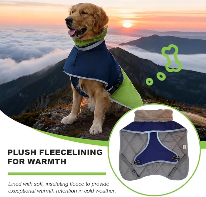 Waterproof Dog Winter Coat, Reflective Turtleneck Fleece Jacket with Snow Protection for Large Dogs, Cold Weather Pet Clothing (Green, L)