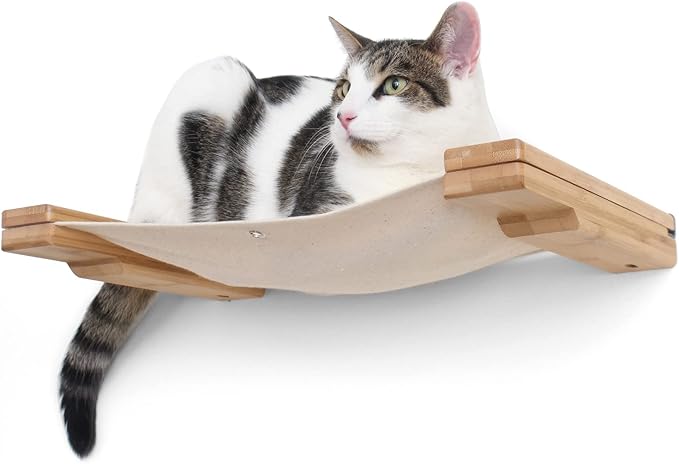 CatastrophiCreations Cat Lounge Hammock Wall Mounted Lounger for Climb and Play Furniture Cat Tree Shelves, Natural Bamboo/Natural Canvas, one Size