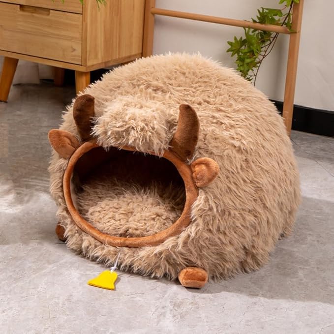 Mushroom Shape Cat House Cow Shape Cat Cave Bed Semi-Enclosed Cave-Style Warm Cat House Pet Nest for Cats Small Dogs