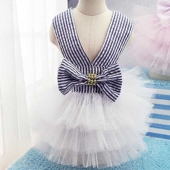 Dog Dresses, Fashion Pet Dog Clothes, Striped Mesh Puppy Dogs Princess Dresses (Blue, X-Large)