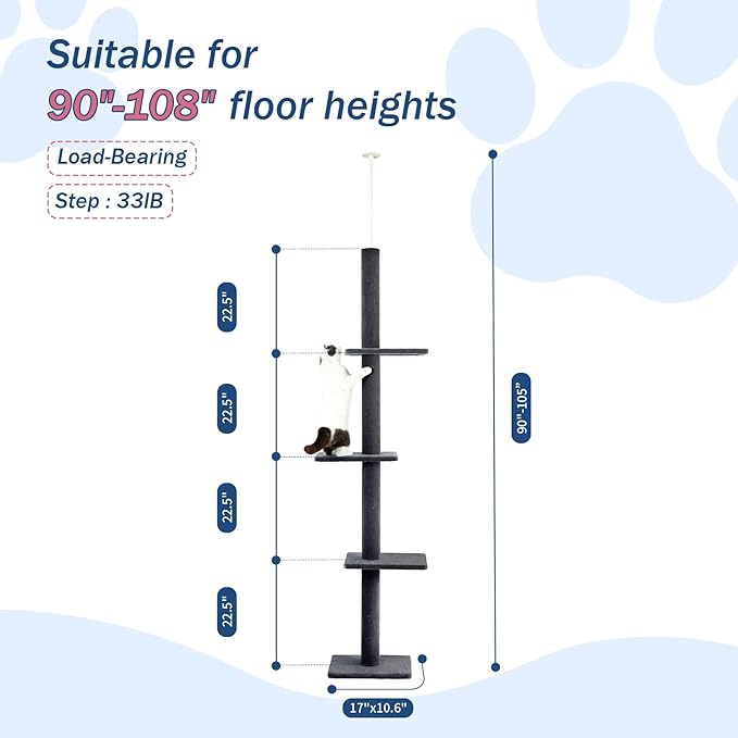 Cat Craft Cat Tree Floor to Ceiling 95-108" Tall Cat Tree Carpet Cat Tower Kitten Tree Sisal Scratching Post and Mat Cat Pole for Indoor Cats, Charcoal, 4-Tier