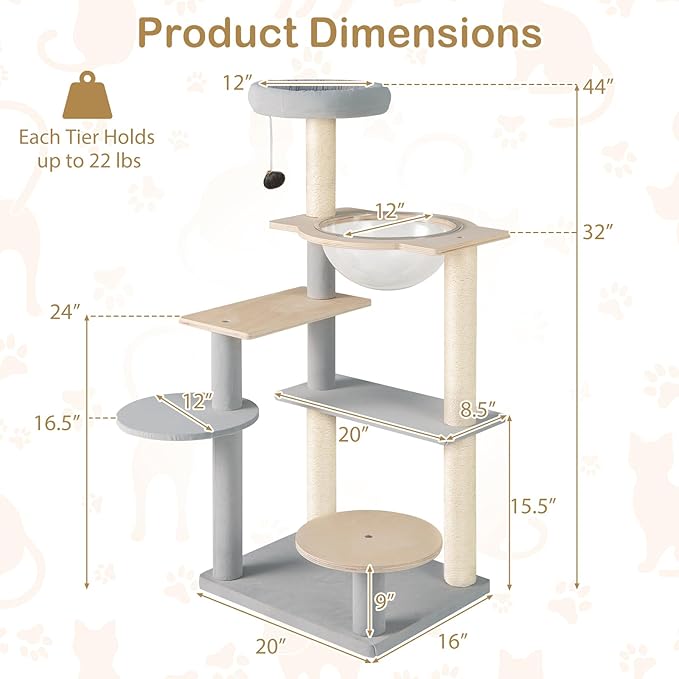 Tangkula Modern Cat Tree, 44 Inch Multi-Level Cat Tower with Removable Padded Top Perch, Sisal Scratching Posts, Jumping Platforms, Dangling Ball, Kitty Activity Center for Indoor Cats